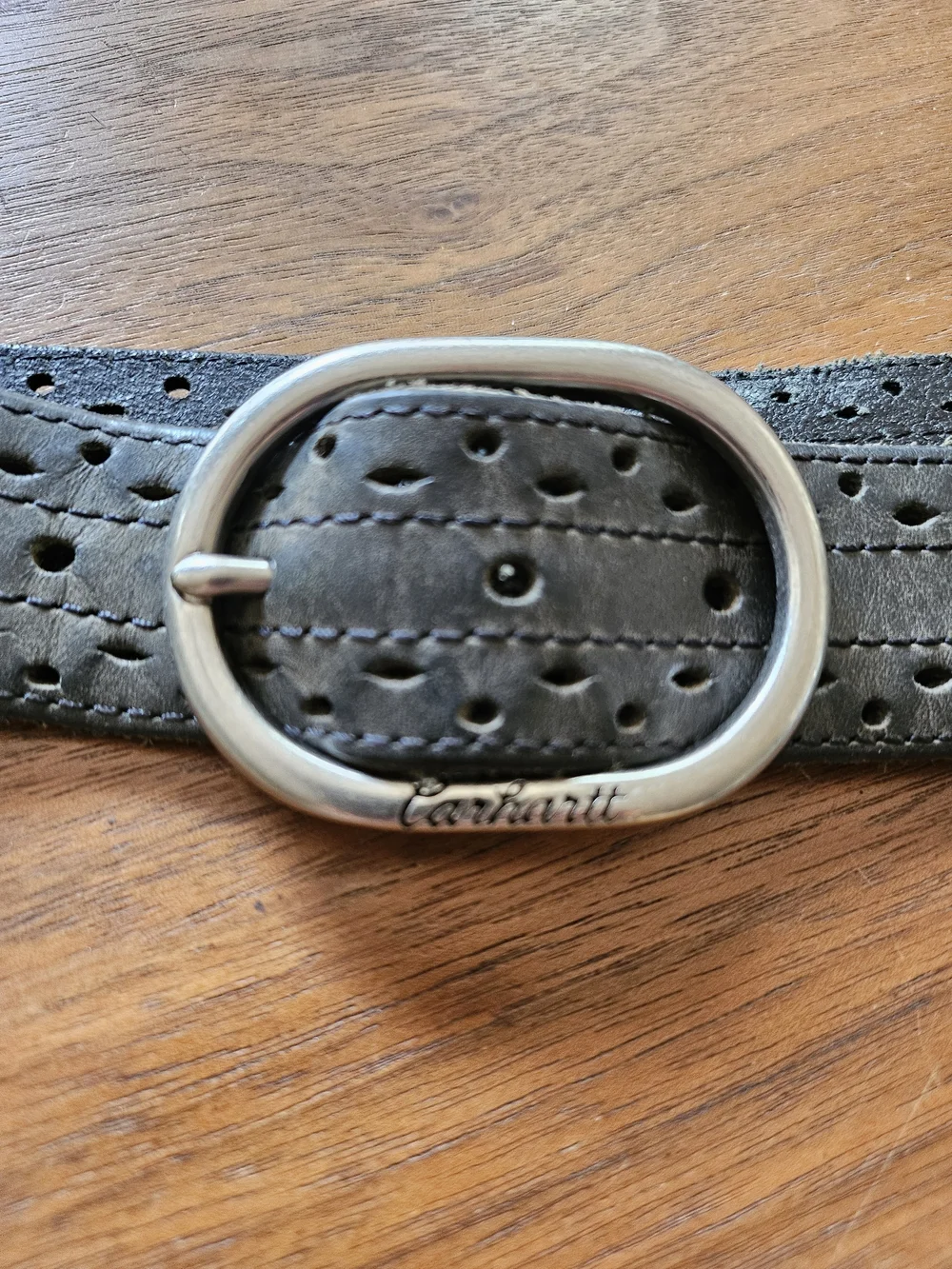Men's Carhartt Charcoal Grey Perforated Leather Belt with Silver Buckle L